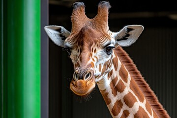 A giraffe standing beside an educational signpost at the Giraffe Centre, blending education with conservation efforts, showing how visitors can learn while observing the giraffes