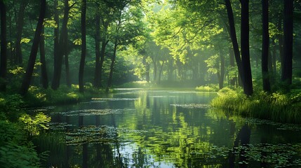 Serene forest scene with a tranquil river and lush greenery.