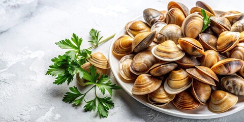 Fresh raw clams in a decorative still life on white surface