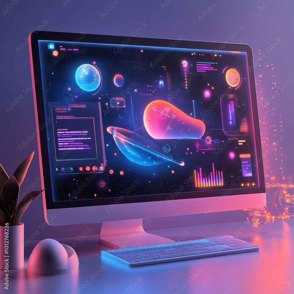 Poster futuristic computer screen with neon interface and holographic elements