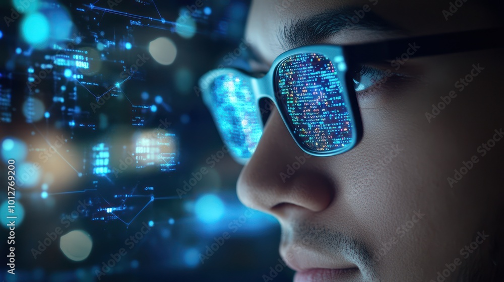 Poster programmer looking at code in glasses