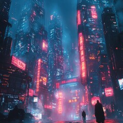 Cyberpunk Cityscape with Neon Lights and Silhouettes of People Walking