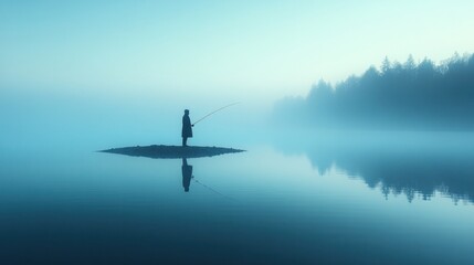 A solitary figure fishing on a misty lake at dawn.