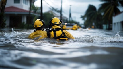 Emergency Responders Navigating Flooded Urban Streets