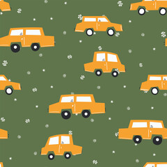 Seamless pattern with cute car on color background. Cartoot transport. Vector illustration. Doodle style. Design for baby print, invitation, poster, card, fabric, textile