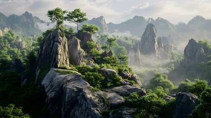Lush mountainous landscape with rocky formations and trees.