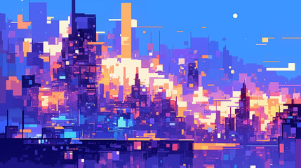 vibrant pixel art cityscape with colorful sunset sky