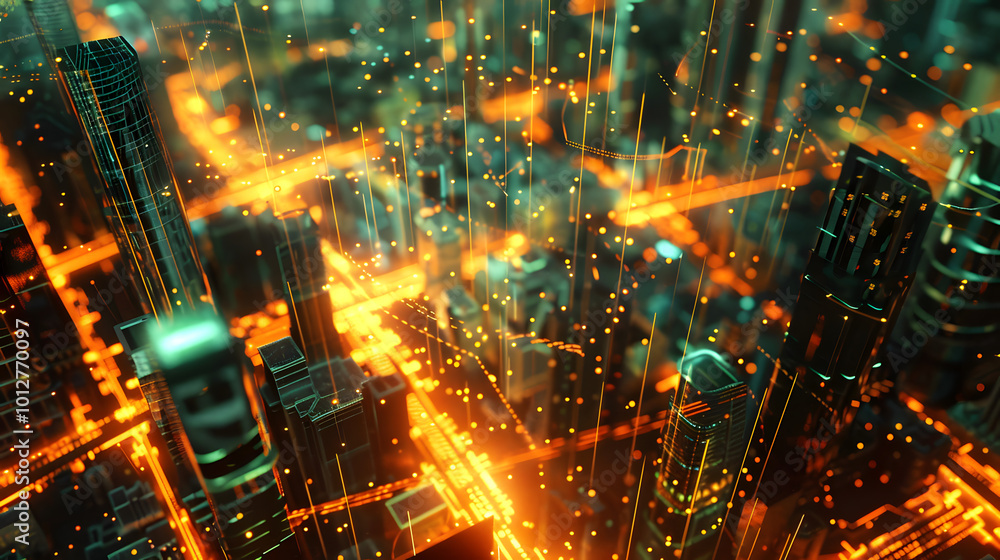 Aufkleber a network of glowing data streams representing a digital carbon footprint, flowing through a high-te