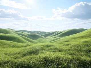 Fototapeta premium Lush green hills under a bright sky with fluffy clouds.