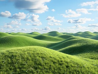 Lush green hills under a bright blue sky with fluffy clouds.