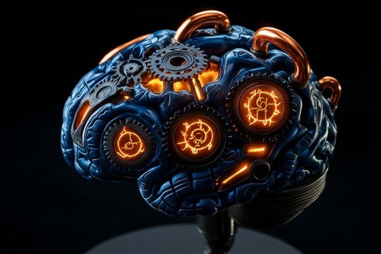 Enchanted steampunk brain with gears turning in sync with magical runes, copper pipes glowing as they channel mystical energy