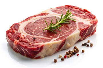 Obraz premium Fresh ribeye steak from marbled beef and spices on a white background tilted angle