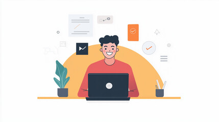 Smiling individual engaged in an online AI course at home, focused on learning with a laptop and various digital resources