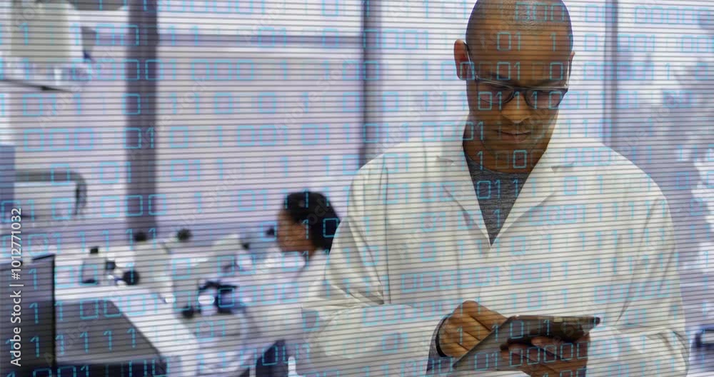 Poster animation of binary data processing over biracial man using tablet in research laboratory