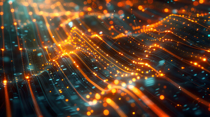 Obraz premium A network of glowing data streams representing a digital carbon footprint, flowing through a high-tech city, with visible calculations of energy consumption and emissions from daily activities