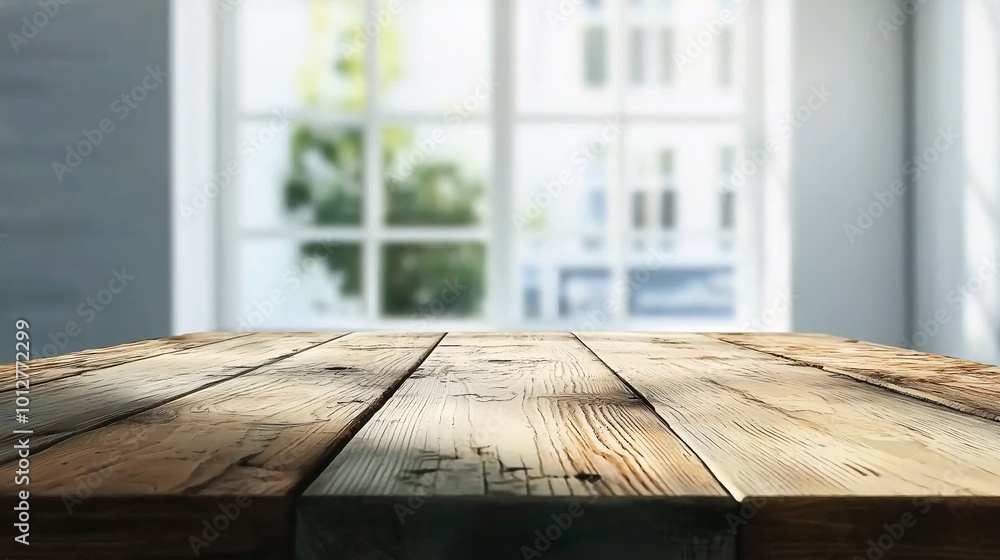 Poster rustic wooden table with soft window light background