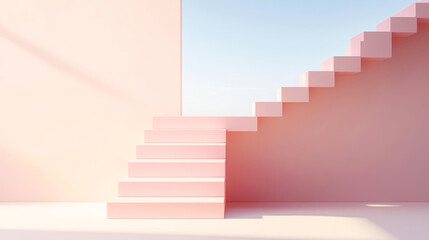 Obraz premium A minimalist pink staircase leads up to a pastel sky, creating a serene and stylish architectural space bathed in soft light.