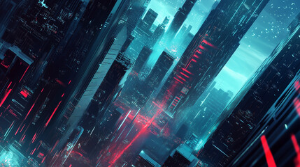 Obraz premium Abstract digital cityscape. Flowing lines, holograms. Futuristic tech. Blurred foreground. Red path for progress.