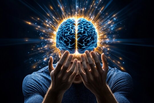 Human mind glowing with light, with beams radiating outward, symbolizing the power of decision-making and free will shaping the future
