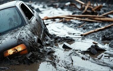 Obraz premium A car partially submerged in muddy water, illustrating the aftermath of floods and natural disasters.