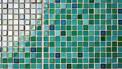 Fototapeta premium A mosaic of geometric tiles in various shades of green, creating a vibrant and artistic pattern that adds a fresh and contemporary touch to any space