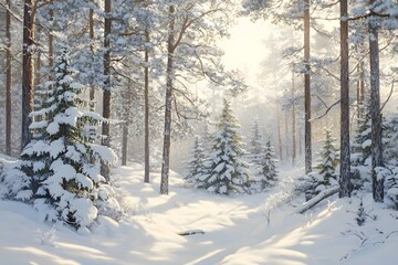 Snow-covered forest with tall trees and a serene winter atmosphere.