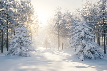 Obraz premium Snowy forest scene with sunlight filtering through trees.
