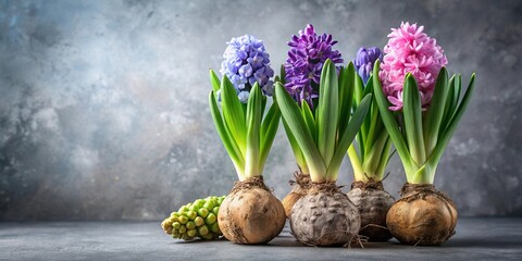 Obraz premium Fresh spring hyacinth bulbs on grey