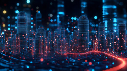 Obraz premium Abstract digital cityscape. Flowing lines, holograms. Futuristic tech. Blurred foreground. Red path for progress.
