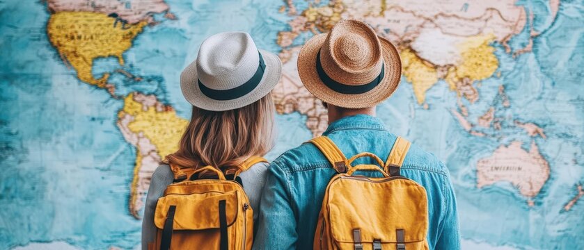 Couple exploring a world map, embracing the adventure of travel and planning their next journey together with backpacks.