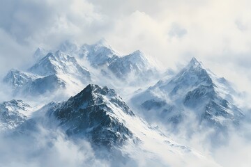 Obraz premium Snow-covered mountain peaks shrouded in misty clouds.