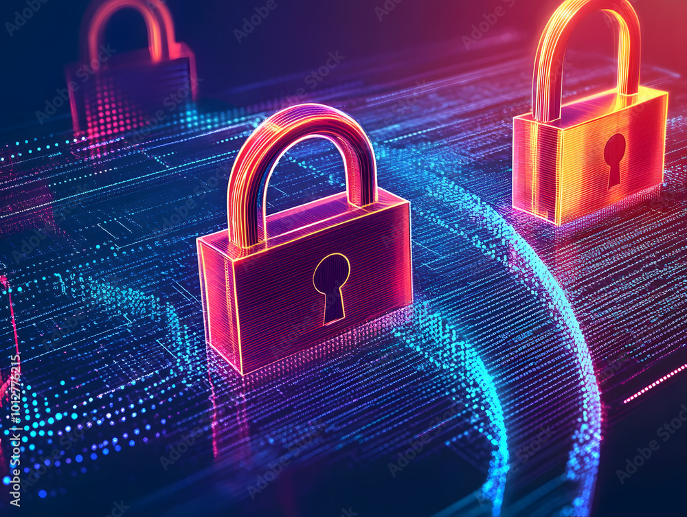 Poster data security and privacy concept: opened padlock on digital screen background. visualization of per