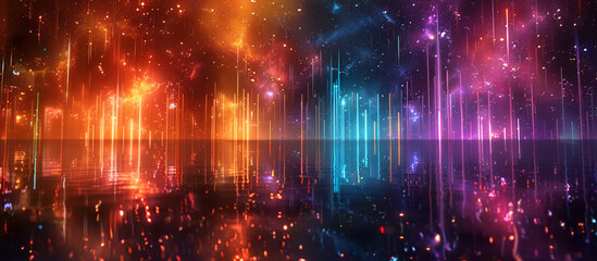 Fototapeta premium A dark cosmic scene where neon light showers down in brilliant orange, purple, and cyan, reflecting off the void and creating an ethereal glow.