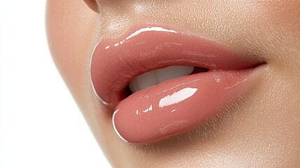 A high-definition close-up of soft, glossy lips wearing light pink lipstick. The model's finger lightly touches the lip gloss, highlighting its smooth application and glossy shine.