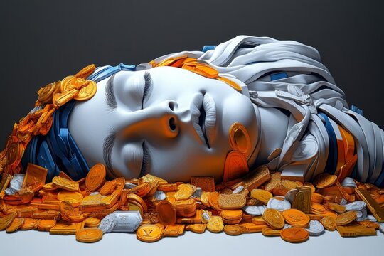 Overindulgence in materialism painted in soft hues, showing a person drowning in luxury goods