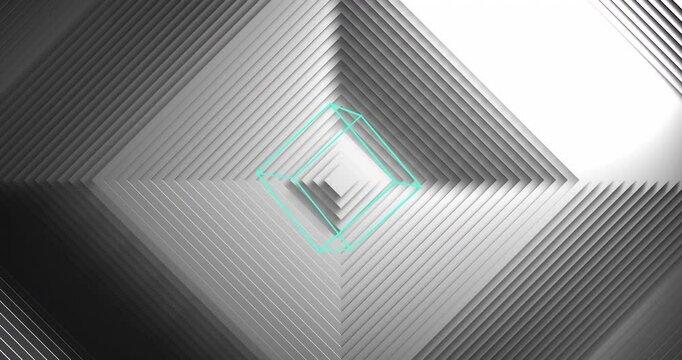 Animation of 3d blue line cube over black and grey pyramid of concentric lines