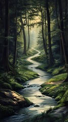 Obraz premium A serene forest scene with a winding stream and lush greenery.