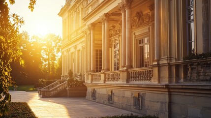Naklejka premium A beautiful historic mansion bathed in warm golden light during sunset, showcasing architectural elegance and serene surroundings.