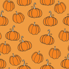 Seamless pattern with pumpkins on color background. Vector hand drawn sketched pumpkin. Autumn illustration for holidays, Halloween. Various food items in doodle style