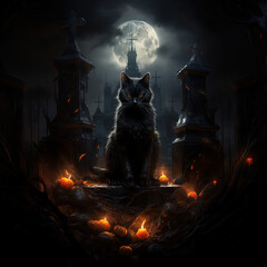 Mysterious Black Cat in a Spooky Halloween Graveyard