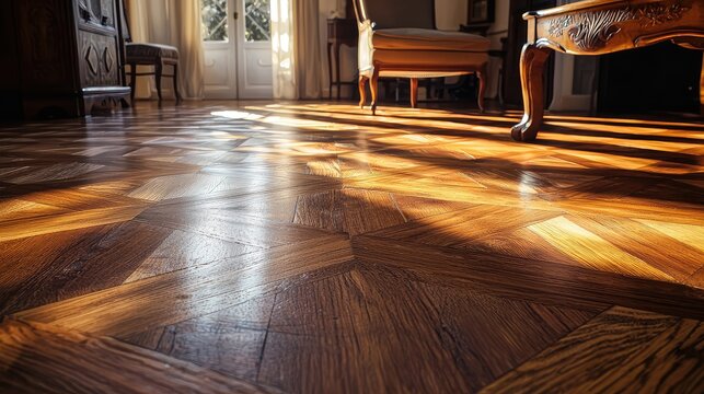 A beautifully lit wooden floor showcases intricate patterns and textures, enhancing the warmth of the room.