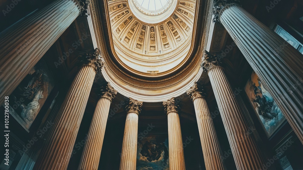 Poster a breathtaking view of classical architecture featuring massive columns and a beautifully adorned ce