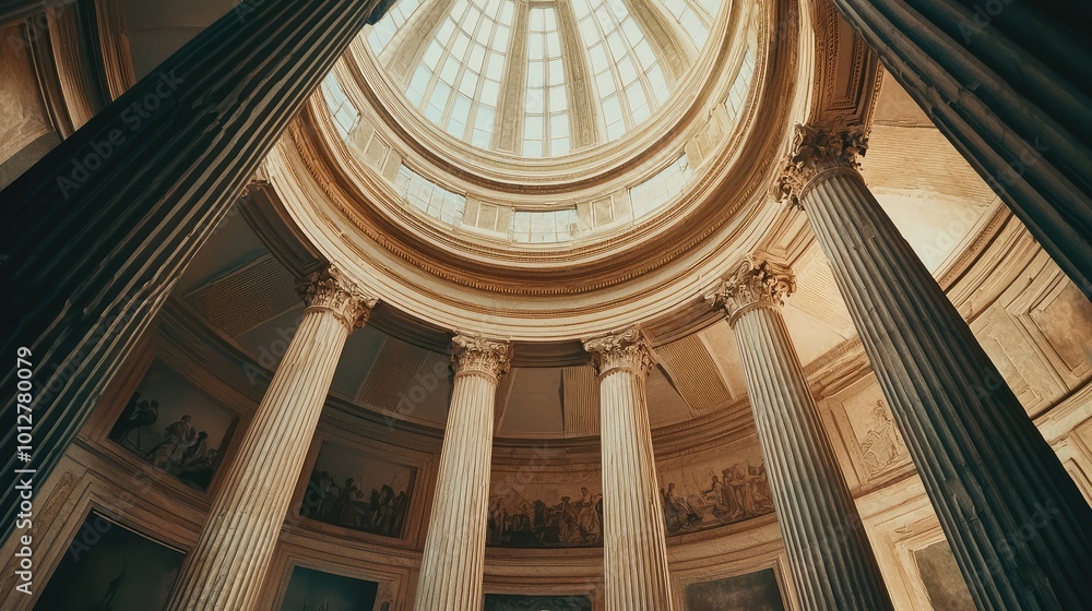 Poster a breathtaking view of elegant columns and a stunning dome illuminated by natural light, creating a 