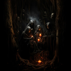 Mysterious collection of hooded skeleton figures performing a ritual with glowing candles in a dark, eerie forest environment.