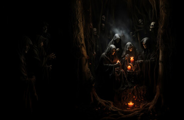 Mysterious collection of hooded skeleton figures performing a ritual with glowing candles in a dark, eerie forest environment.