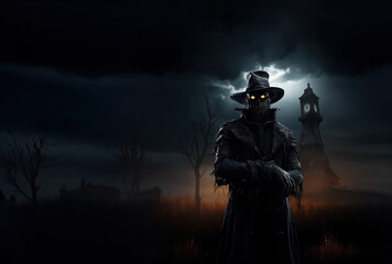 Eerie Scarecrow Figure in Creepy Nighttime Landscape