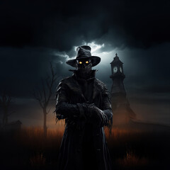 Eerie Scarecrow Figure in Creepy Nighttime Landscape