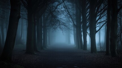 A misty forest path shrouded in fog, surrounded by tall, dark trees creating an eerie, mysterious atmosphere.