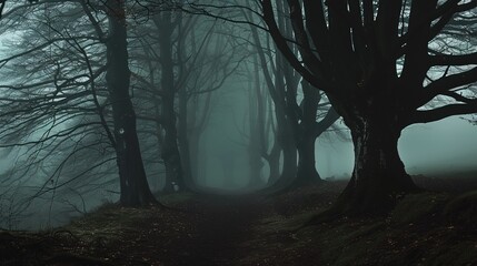 A fog-shrouded forest path lined with dark, twisted trees, creating a mysterious and eerie atmosphere under the dim, muted light.