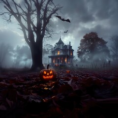 Spooky Halloween Night with Haunted House and Jack-o'-Lanterns